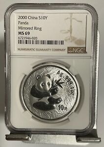 2000 China Panda silver Coin, 10 Yuan 1 OZ, mirrored ring, NGC ms 69