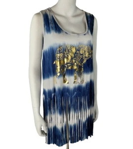 Gemstone Womens 1X Blue Gold Elephant Graphic Lightweight Fringe Tank Top New - Picture 1 of 9