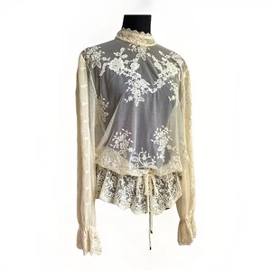 Buffalo David Britton Boho Spitze transparent Tie Waist Blouson Ärmel Top Elfenbein Creme L - Bild 1 von 20
