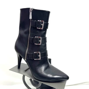 Michael Kors Black Lori Pointed Toe Buckled Leather Booties Boots Size 6.5 - Picture 1 of 9