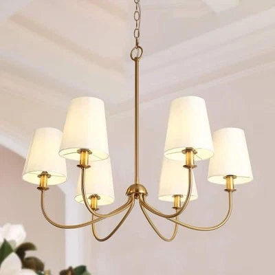 LNC Transitional Plated Brass Linear Chandelier Vintage Candlestick White Cone - Image 1 of 4