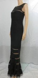 Tadashi Shoji Black Gown Illusion Stripe Mesh Trim Tiered Maxi Sleeveless Size S - Picture 1 of 8