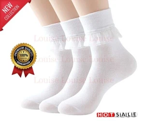 Girls Frilly Lace Ankle Socks Kids Cotton Trim School Uniform Party Dress Wear - Picture 1 of 6