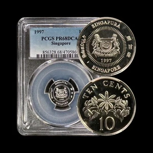 SINGAPORE. 1997, 10 Cents, Silver - PCGS PR68 - Indian Star Jasmine Flowers RARE - Picture 1 of 5