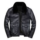 Mens Pilot Aviator Vintage Classic Slim Fit Real Fur Collar Black Leather Jacket