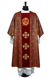 Roman Dalmatic,red brocade,Vestment, side openings, embroidery made on velvet - Picture 1 of 4