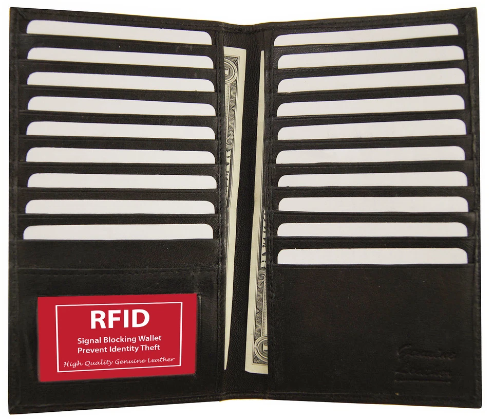 Black RFID Blocking Wallet Bifold Leather 19 Credit Card ID Checkbook Holder