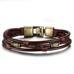 Cuerda de cuero marrón rojo joyería tejida bronce metal pulsera niño accesorios - Imagen 1 de 13