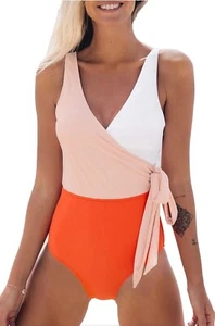 CUPSHE Womens One Piece Swimsuit sz Large Wrap Color Block Tie Side Bathing Suit - Picture 1 of 6