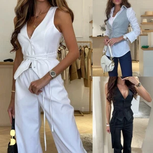 Women Sleeveless Solid OL Work Tank Tops Ladies Lace Up Office Suit Blouse Shirt - Picture 1 of 17