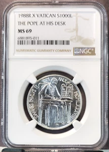 1988 VATICAN SILVER 1000 LIRE POPE AT HIS DESK NGC MS 69 RARE TOP POP - Picture 1 of 3