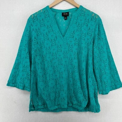NICOLE MILLER Top L Floral Lace Sheer V-Neck Cotton Blend 3/4 Sleeve Green - Image 1 of 4