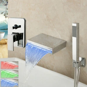 Waterfall LED Wall Chrome Bathtub 3 PCs Mixer Valve Faucet Hand Held Shower Tap - Picture 1 of 8