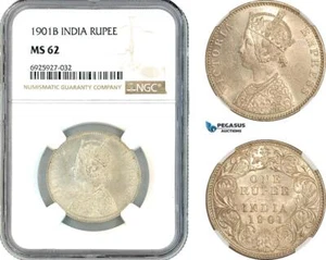 AK336, India (British) Victoria, 1 Rupee 1901 B, Bombay Mint, Silver, NGC MS62 - Picture 1 of 1