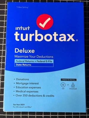 NUEVO Disco físico TurboTax Deluxe State & Federal 2021 Tax Software Windows Mac Foto 1 de 4