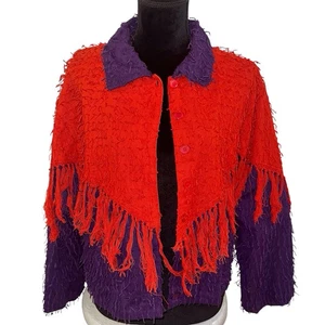 Silver Stream Vintage Shaggy Bomberjacke Gr. M rot lila Fransenbesatz Western - Bild 1 von 12