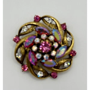 Vintage WEISS Rhinestone Brooch Pin Gold Tone Pink Aurora Borealis Floral - Picture 1 of 7