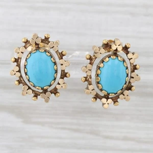 Vintage Imitation Turquoise Resin Stud Earrings 14k Yellow Gold Oval Cabochon - Picture 1 of 6