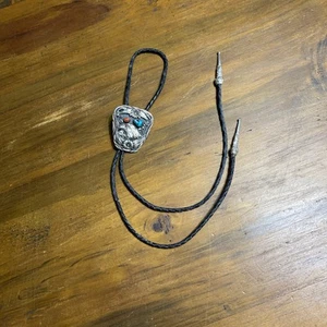 Vintage Bolo Tie SSI Native American Eagle Turquoise Coral S.S.I - Picture 1 of 7