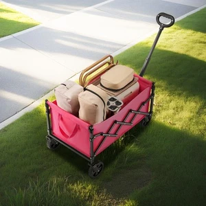 Outdoor Collapsible Wagon Carts 120L& 225LBS Heavy Duty Folding Garden Cart Pink - Picture 1 of 12