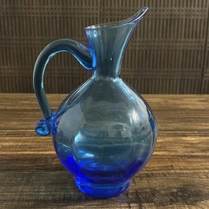 Vintage Rainbow Glass Blue Optic Pitcher with Applied Handle 8” - Picture 1 of 8