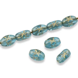 50 Aqua Blue Rice Beads - Etched Gold Star Design - Czech Glass - 6x4mm - Picture 1 of 6