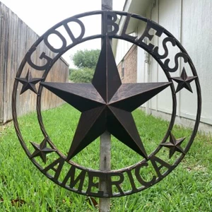 24" GOD BLESS AMERICA BARN STAR METAL LONESTAR WESTERN HOME DECOR RUSTIC BRONZE - Picture 1 of 12