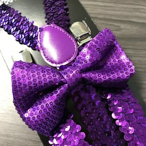 Purple Sequin Suspender + Clip on Bow-Tie Matching Set for Adults Men Women - Picture 1 of 8