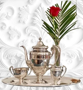 Reed & Barton versilbertes Kaffeeservice 4050 Kanne, Zuckerdose, Milchkännchen, Gorham Tablett - Bild 1 von 23