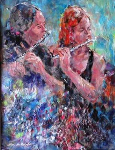 NEW BEAUTIFUL SERA KNIGHT ORIGINAL "Flautists" Flute Concert Music PAINTING - Picture 1 of 1