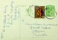 SEPHIL CEYLON 1955 10c UPRATED ON 3c POSTAL CARD FROM BALAPITIYA TO CANADA