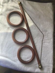Antique Primitive Oak & Brass towel holder wall hanger 3 Ring Wooden - Picture 1 of 10