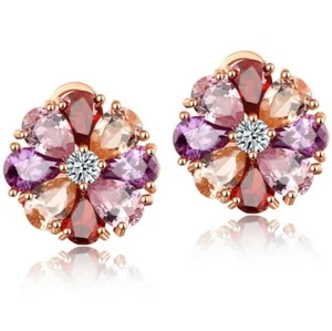 Mulit Natural Morganite Amethyst Garnet Rose Gold Plated Flower Stud Earrings - Picture 1 of 10