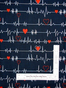 Cardiac Nurse Heartbeat Fabric EKG Dr Medical Heart Rhythm Cotton Windham Yard - Picture 1 of 1