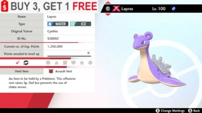 NINTENDO ✨Shiny Lapras✨Pokemon Sword and Shield Gmax Modest 6IV w/ Assault Vest