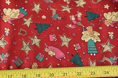 30" Long, Gold & Green Christmas Angels on Red, Benartex/St. Nicole, N2326 - Image 1 of 4