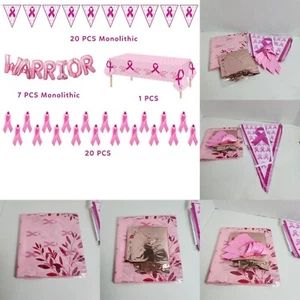 Pink Ribbon Party Supplies Breast Cancer Banner Tablecloth Warrior Balloons - Picture 1 of 24