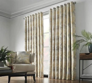 Par de cortinas superiores de anillo con diseño de hoja de Fiji ocre y plata totalmente forradas - Imagen 1 de 3