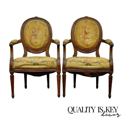 19th C. French Louis XVI Style Carved Walnut Needlepoint Arm Chairs - a Pair - Image 1 of 4