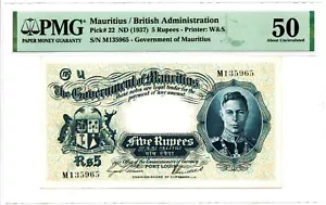 Mauritius: Government of Mauritius 5 Rupees ND (1937) Pick 22 PMG About Unc 50 - Picture 1 of 2