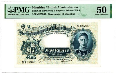Mauritius: Government of Mauritius 5 Rupees ND (1937) Pick 22 PMG About Unc 50 - Image 1 of 2