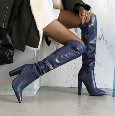 Para mujeres Punta Redonda Tacón Bloque Montar Botas Hasta la Rodilla Pull On Invierno Zapatos 34-45 L Foto 1 de 4