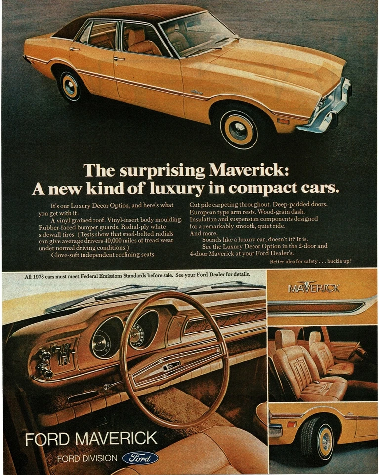 Ford Maverick 1973 amarillo sedán de 4 puertas con vista interior anuncio impreso vintage Foto 1 de 1