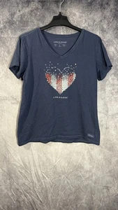 Womens Life Is Good Blue Patriotic Heart T Shirt Top Sz Large V-Neck Crusher - Picture 1 of 9