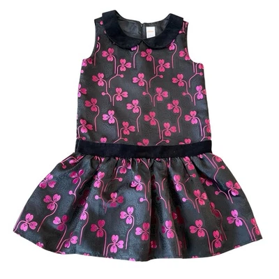 Gymboree Girls 8 Holiday Gems Black Magenta Floral Jacquard Dress Velvet Collar - Image 1 of 4