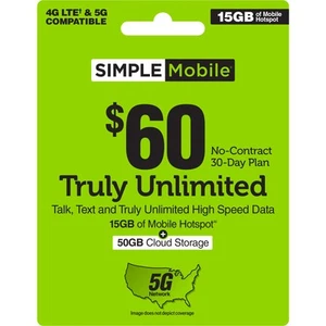 SIMPLE Mobile 60 USD Naprawdę nieograniczona rozmowa, tekst, dane + plan ILD [Fizyczna dostawa] - Zdjęcie 1 z 5