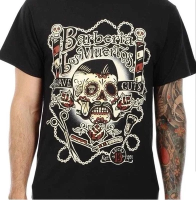 Lucky 13 Barbería Los Muertos 朋克黑色短袖 T 恤男式 XL 码头骨 — 第 1/4 张图片