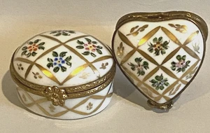 PR-LIMOGES PEINT MAIN Scharnier Schmuck/Ring Box-HERZ + ovales Goldband/Blumen Set - Bild 1 von 8
