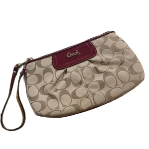 Coach Beige Burgund Signatur Geldbörse Kalbsleder Clutch Reißverschluss - Bild 1 von 7