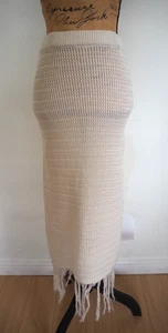 Beige Knit Long Crochet Skirt Fringe Hem Pencil Cut Stretch Elastic Waist Sz LFr - Picture 1 of 7